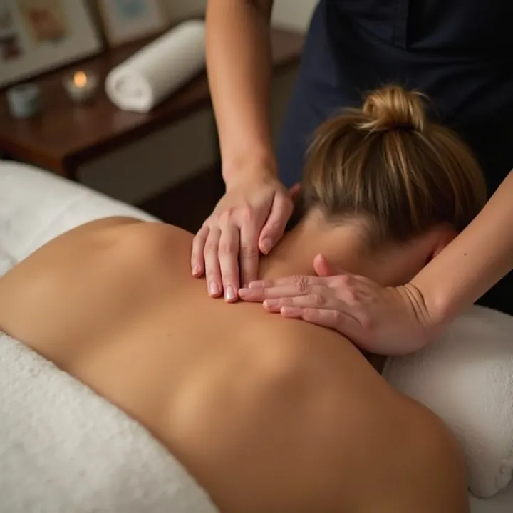 Massoterapeuta fazendo massagem relaxante nas costas de uma cliente, em ambiente com velas
